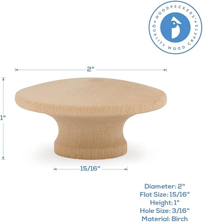 Woodpeckers End Grain Large Wooden Knobs 2 inch for Bifold Closet Doors, Dresser, Cabinet, Pack of 50 Unfinished Knobs for Crafts, Knob Replacement, Furniture