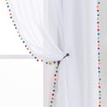 Treatmentex Sheer White Curtains with Multi-Color Pom-Pom Sheer Curtains for Toddler 84" Long Linen Textured Decorative Nursery Room Window Drapes 52" w 1Pair