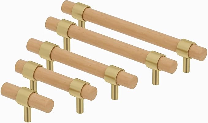 Wooden Drawer Pulls,6-Pack Beech Wood Drawer Handles 5in,Suitable for Kitchen, Living Room, Bedroom, Bathroom and Other Scenes,Gold