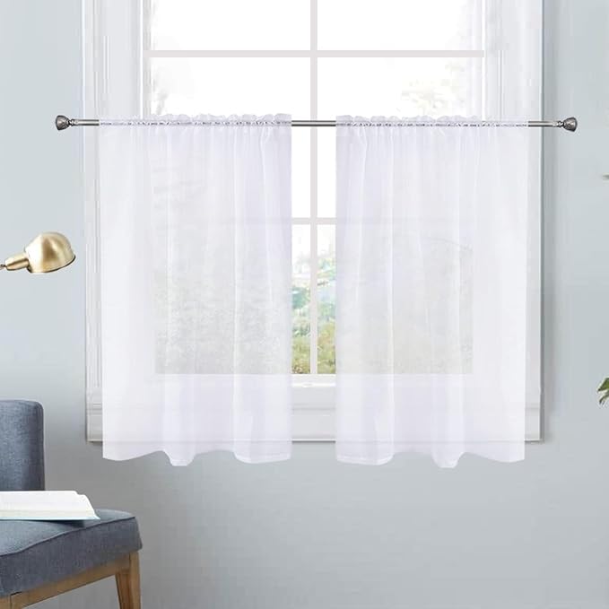 SpaceDresser White Kitchen Sheer Valance Curtains 40 Inch, Voile Sheer Cafe by SpaceDresser