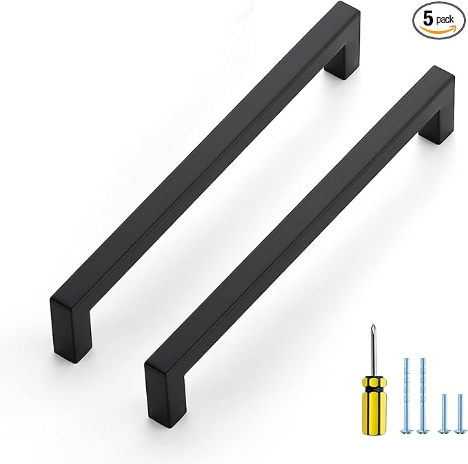 Ravinte 5 Pack Square Cabinet Pulls 7-1/2 Inch Black Kitchen Cabinet Handles Matte Black Kitchen Hardware for Drawer Pulls Drawer Handles Come with Screwdriver