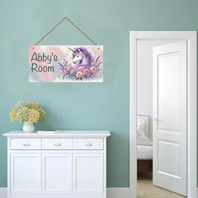 Personalized Vintage Unicorn Signs Magic Horse Sign For Kids Room Custom Name Door Wall Decor Flowers Floral Nursery Art Plate For Boys Room Girls Bedroom