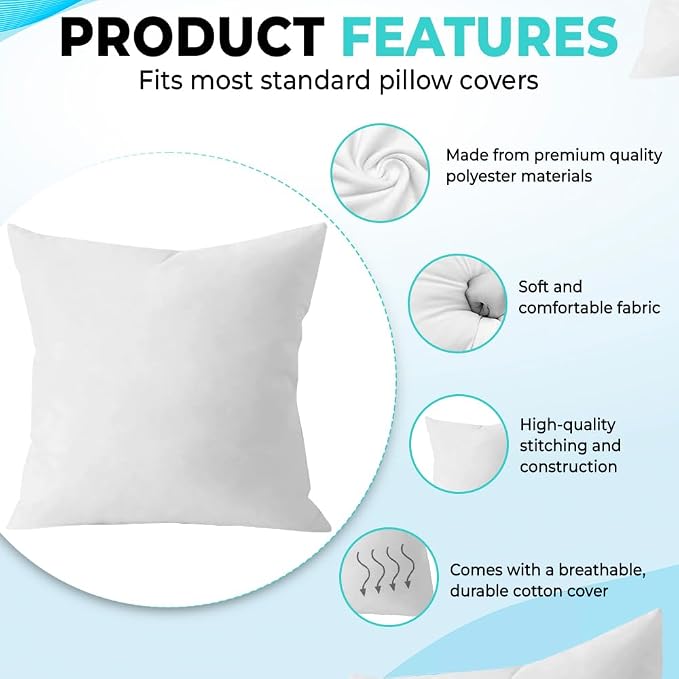 QUBA LINEN Throw Pillow Inserts, 20x20 Inches - Image 2