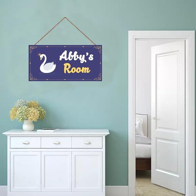 Personalized Vintage Swan Art Décor For Kids Room Custom Name Door Wall Decor, Blue Floral Nursery Art Plate For Girls Bedroom Home Club Cabin Garage Store Bar