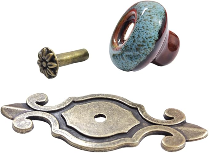 5 Pack Retro Ceramic Knobs,Vintage Dresser Kitchen Petal Cabinet Pulls Rustic Zinc Alloy Base Back Plate Kid Cupboard Wardrobe Drawer Door Handles (Leopard Print Blue)