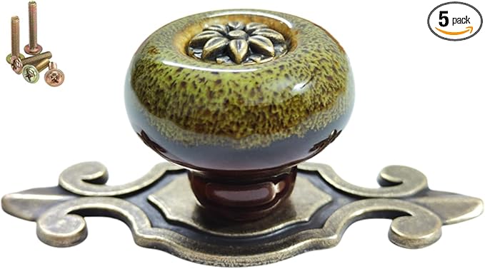 5 Pack Retro Ceramic Knobs,Vintage Dresser Kitchen Petal Cabinet Pulls Rustic Zinc Alloy Base Back Plate Kid Cupboard Wardrobe Drawer Door Handles (Leopard Print Green)