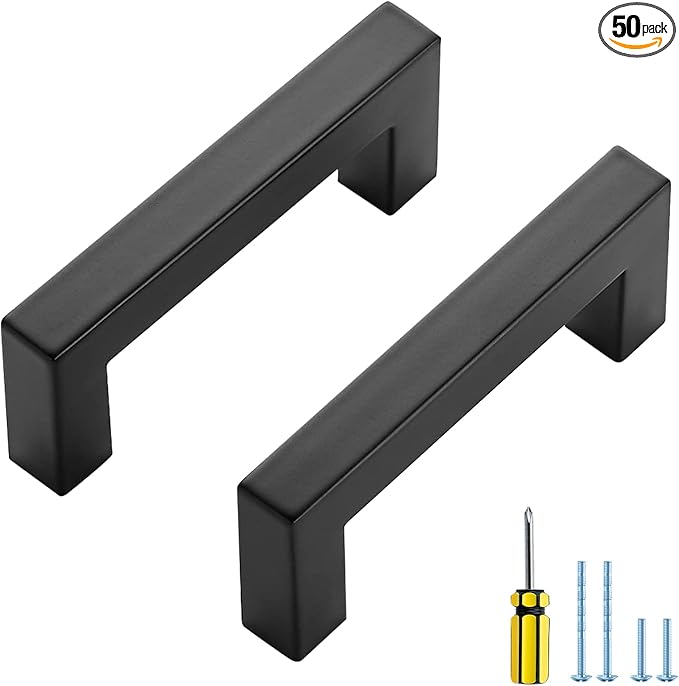 Ravinte 50 Pack Black Cabinet Pulls 3 Inch Square Kitchen Cabinet Handles Matte Black Kitchen Hardware for Drawer Pulls Drawer Handles Come with Screwdriver