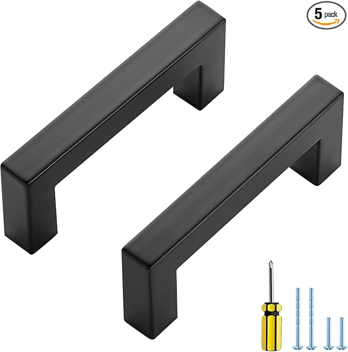 Ravinte 5 Pack Black Cabinet Pulls 3 Inch Square Kitchen Cabinet Handles Matte Black Kitchen Hardware for Drawer Pulls Drawer Handles Come with Screwdriver