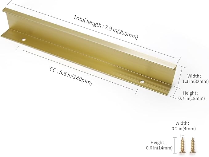 3 Pack 8"(200mm) Overall Length Overall Length Edge Finger Pull, Brushed Brass Aluminium Hidden Furniture Wardrobe Cabinet Drawer Pull Long Concealed Furniture Closet Door Handle, 3699S
