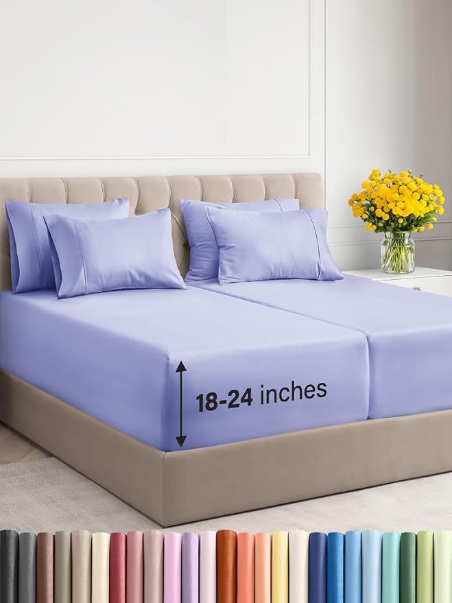 Extra Deep Split King Sheet Set - 7 Piece Breathable and Cooling Sheets - Hotel Luxury Bed Sheets Set - Easy Fit - Soft, Wrinkle Free and Comfy Sheets Set - Lavender Sheet Set with Extra Deep Pockets