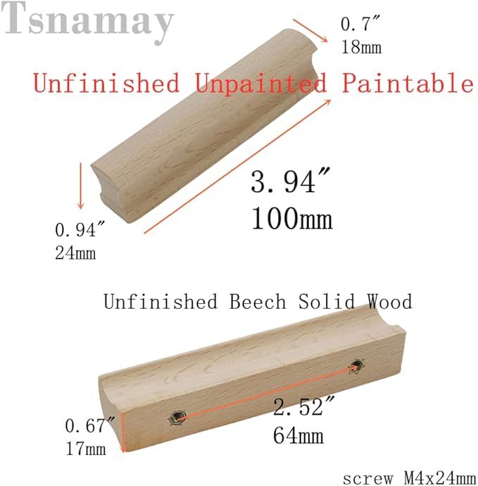 6Pcs Unfinished Beech Wood Solid Furniture Pulls Handles,Unfinished Unpainted Paintable Wooden Handles Cupboard Closet Drawer Handle Pull,Length 3.94",Hole Dis.2.52"