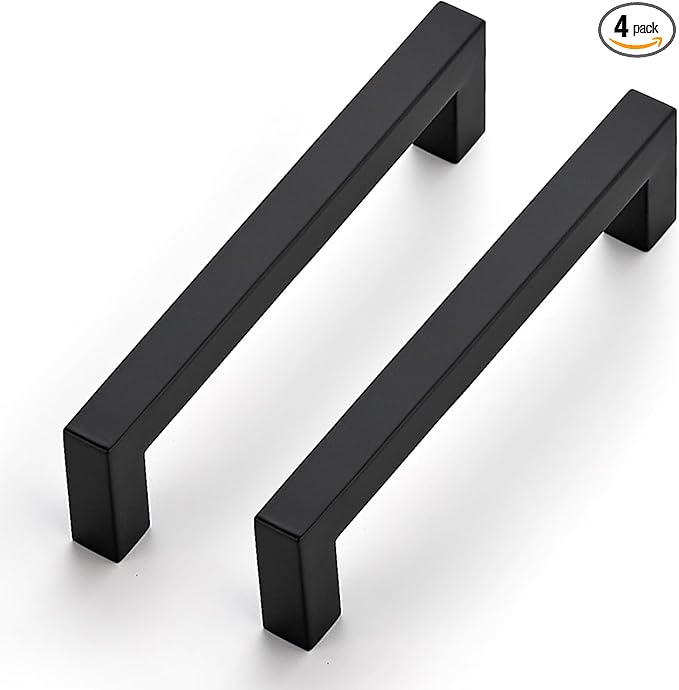 JOY DECOR 4 Pack Cabinet Handles, Black Cabinet Pulls, 5 Inch Kitchen Closet Handles Square Drawer Pulls Stainless Steel Drawer Hardware, 128mm Hole Centers
