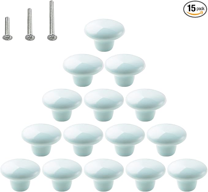 HUAMULAN 15PCS Glossy Ceramic Knobs Button Round Mushroom Cabinet Dresser Vintage Pulls Door Handles Cupboard Wardrobe Drawer, Dia. 1.5 inch 38mm