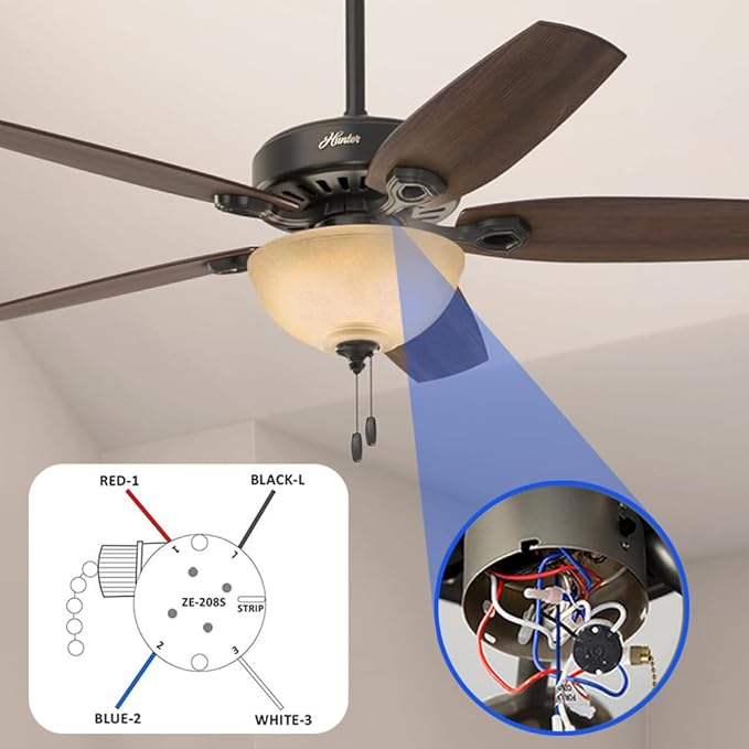 Ceiling Fan Switch Zing Ear ZE-208s E89885 3 Speed 4 Wire Pull Chain Switch Fan Light Switch Replacement Part with 4 Pre-Installed Wires(Black Chain)