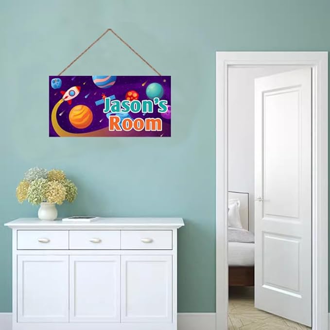 Personalized Rocket Sign Outer Space Themed For Kids Room Nursery Baby Playroom Door Decor,Custom Name Stars Satellite Wall Decor Decorative Plate for Boys Room Girls Bedroon
