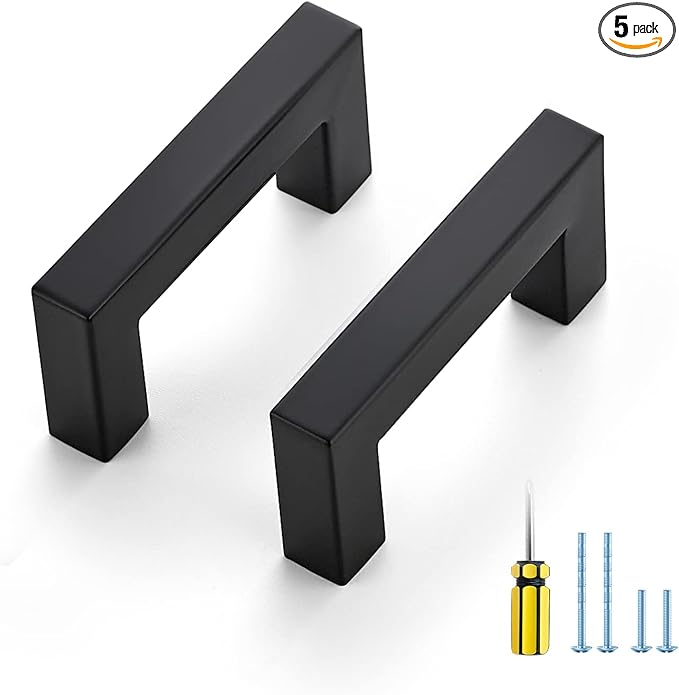 Ravinte 5 Pack Squre Cabinet Pulls 2-1/2 Inch Black Kitchen Cabinet Handles Matte Black Kitchen Hardware for Cabinet Black Drawer Pulls Black Square Cabinet Pulls Drawer Handles Come with Screwdriver