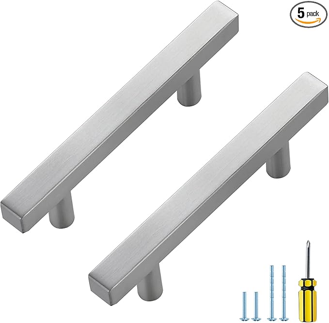 Ravinte 5 Pack Cabinet Handles 3 Inch Brushed Nickel Cabinet Pulls Square Hardware for Kitchen Cabinets - 5 Inch Total Length