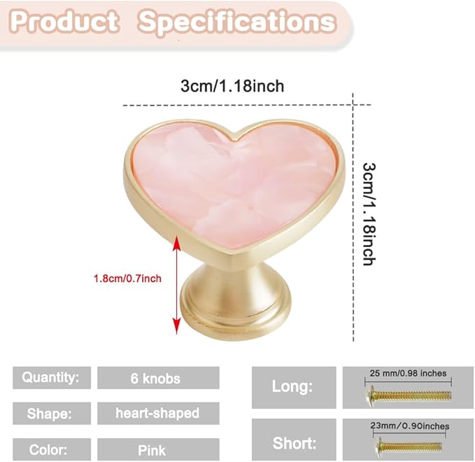 6 Pcs Brass Knobs Drawer Pulls Handles Heart-Shaped Gold Cabinet knobs, Suitable for Bathroom Drawer Kitchen Door Pulls Handles Heart-Shaped Handles (Pink)