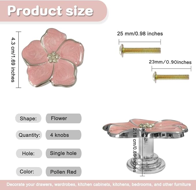 4 pcs Flower Petal Knobs,Creative Silver Flower Drawer Pulls Handles with Screws Single Hole Handle for Cabinet, Dressing ，Home Decor Handles (Pink)