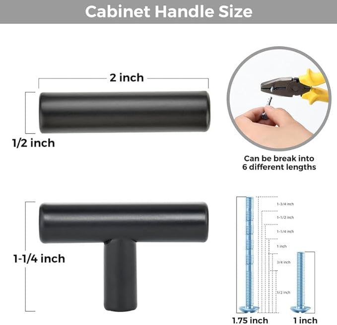 3 Pack Matte Black Cabinet Knobs - Kitchen Cabinet Knobs Black Cabinet Pulls for Kitchen Cabinet Drawer Stainless Steel Dresser Knobs for Cabinet Hardware 2in Length Single Hole T Bar