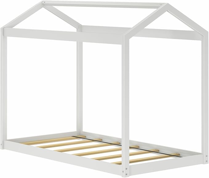 Max & Lily Twin Floor House Bed, Modern Solid Wood Low Bed Frame for Kids, Montessori Floor Bed for Bedroom, Playroom, Wooden Slats, White