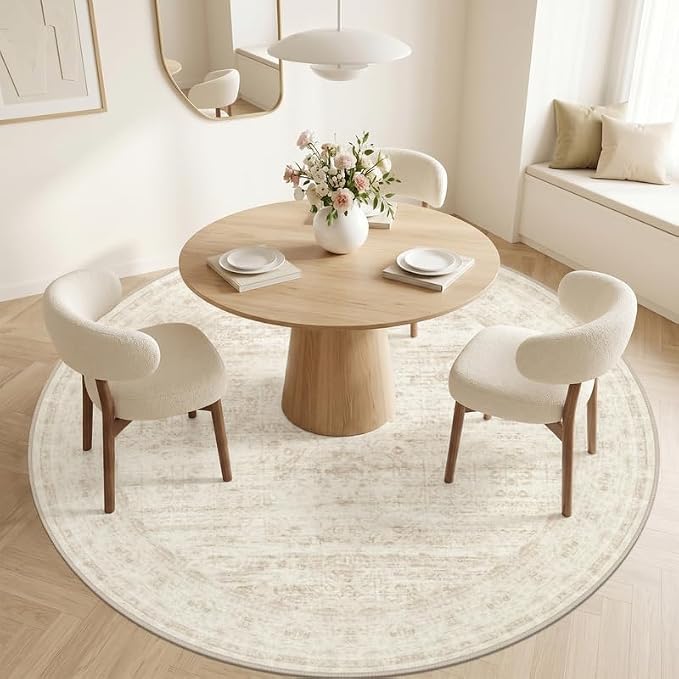 Round Area Rug Living Room: 6ft Washable Carpet Retro Beige | Vintage Boho - Image 2