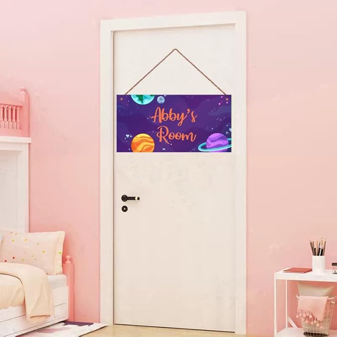 Personalized Outer Space Sign Universe Theme Art Décor For Kids Room Custom Name Door Wall Decor, Stars Floral Nursery Art Plate For Girls Room Boys Bedroom