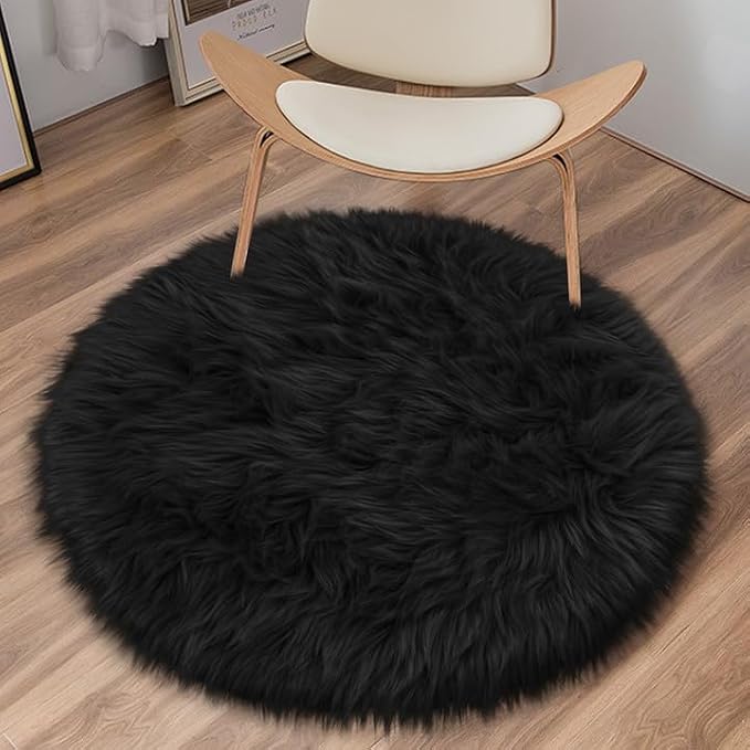 Black Round Rug for Bedroom, Fluffy Circle Rug 3 3 Feet for Kids Room, Furry - Image 3