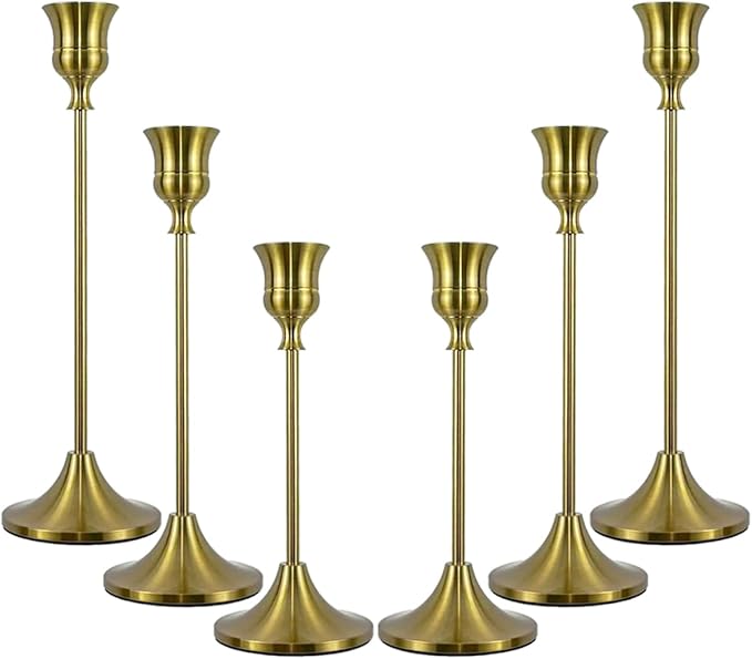 Candlestick Holders, Taper Candle Holders Set of 6, Vintage Candle Holder Decor for Table Centerpiece, Fireplace Mantel, Weddings & Housewarming (Brass Gold, 6 pcs)