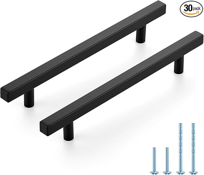 JOY DECOR 30 Pack 6-1/4 Inch Matte Black Square Cabinet Handles Stainless Steel Cabinet Hardware Pulls for Kitchen and Drawers with 8-13/16 Inch Overall Length