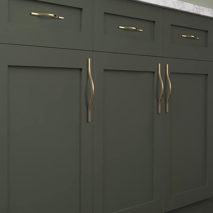 Goo-Ki Low Profile Brushed Brass Cabinet Pulls, Double Hole Centers (6.3''/7.6'') Zinc Alloy Handle for Drawer Cupboard Wardrobe,6 Packed