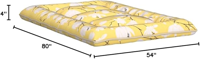 Japanese Floor Mattress, Futon Mattress with Portable Storage Bag and Washable Cover, Roll Up Thick Tatami Mat Suitable for Camping, Guest Room, Yellow Flower, Full