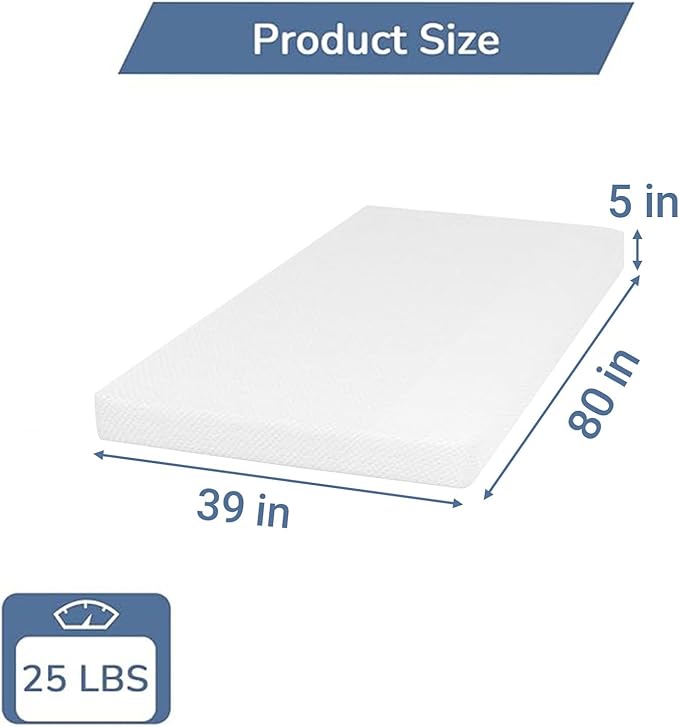 PayLessHere 5 Inch Twin XL Green Tea Memory Foam Mattress Cooling Gel Infused Mattress,Medium Firm Mattresses Fiberglass Free/CertiPUR-US Certified/Bed-in-a-Box/Pressure Relieving Twin XL Size,White