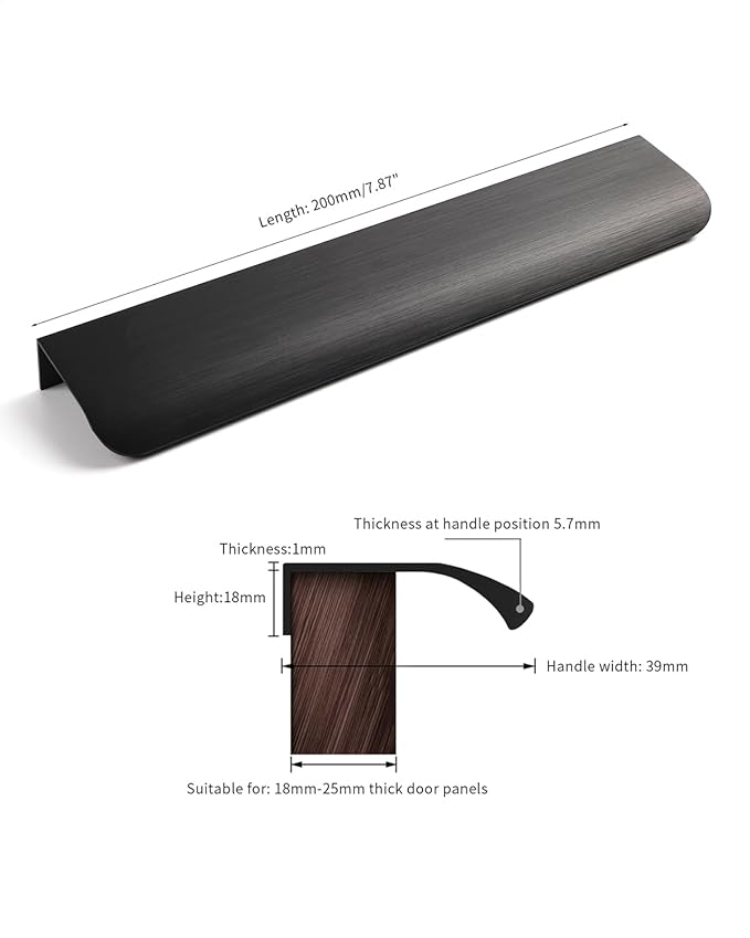 5 Pack 8 inch self Adhesive Cabinet pulls Adhesive Cabinet Handles Drawer pulls Black Stick on Handles for Finger pulls for cabinets Concealed Edge Pull Seam Flat Pull