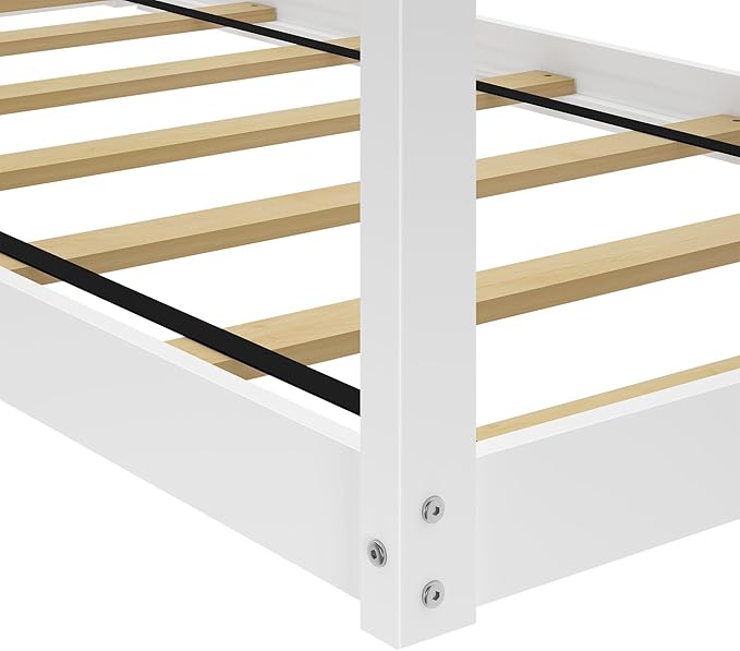 Max & Lily Twin Floor House Bed, Modern Solid Wood Low Bed Frame for Kids, Montessori Floor Bed for Bedroom, Playroom, Wooden Slats, White