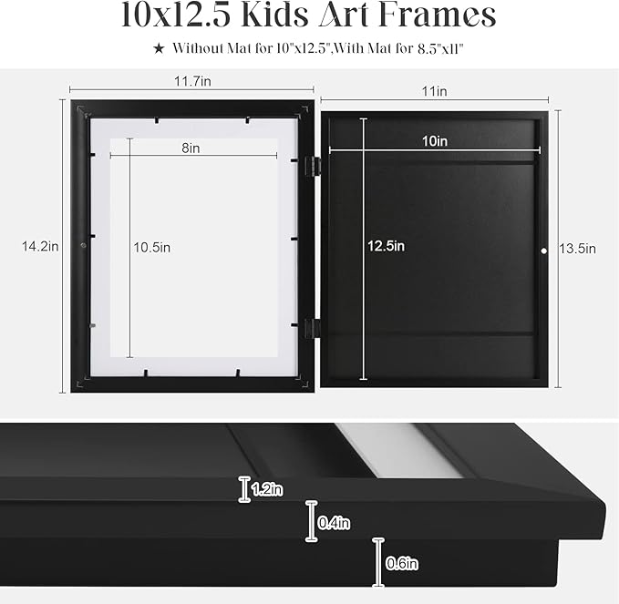 [3 Pack] Kids Art Frames, 10x12.5 Front Opening Kids Artwork Frames Changeable, Displays 8.5x11 With Mat and 10x12.5 Without Mat, Holds 50 Pcs, for 3D Picture, Crafts, Children Drawing, Hanging Art, Portfolio Storage