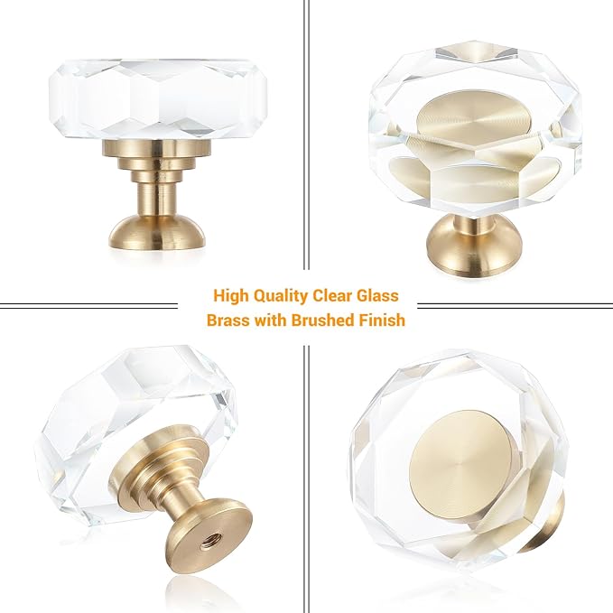 12-Pack 1-1/4-Inch White Cabinet Glass Crystal Patterned knob Brass Drawer Dresser Pulls, Gold Hardware Kitchen Closet knobs for Bifold Doors