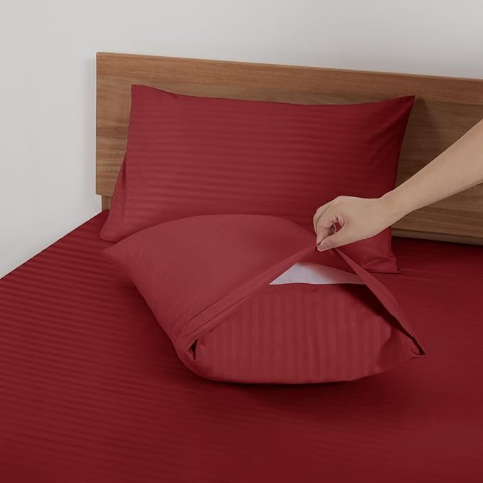 Mejoroom Striped Queen Size Sheet Set - Hotel Luxury 1800 Bedding Sheets & Pillowcases - Deep Pocket Fitted Sheet, Soft, Breathable, Wrinkle & Fade Resistant - 4 Piece (02-Burgundy)