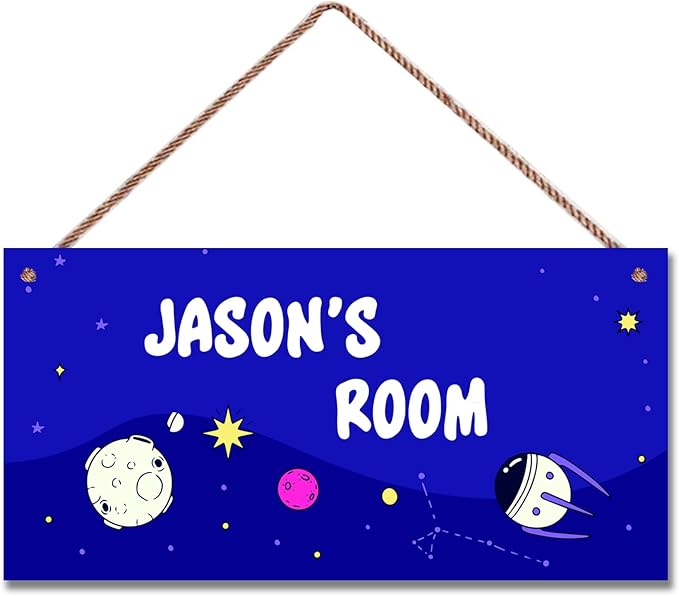 Personalized Sign Space Themed Bedroom Decor Fantasy Spacecraft Sign Outer Space Decor for Boys Room Kids Room Nursery Cartoon Wall Decorations Stuff For Little Man Cave