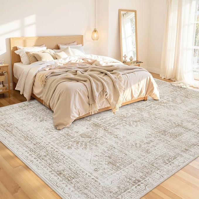 8x10 Area Rugs Living Room: Bedroom Neutral Washable Carpet Brown | Vintage - Image 2
