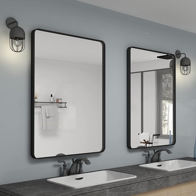 28x36 Black Matte Bathroom Mirror, Rectangle Framed Vanity Mirror for Wall, Rounded Corner, Anti-Rust, Shatterproof (Horizontally/Vertically)