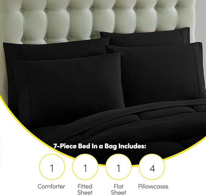 California King Comforter Set - Soft & Breathable 7-Piece Bedding Collection - 1 Comforter, 1 Fitted Sheet, 1 Flat, 4 Pillowcases - Deep Pocket - Premium Quality - Ideal for All Seasons, Black