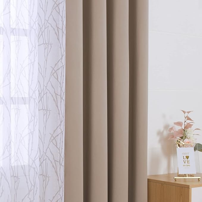 BONZER Mix and Match Curtains - 2 Pieces Branch Print Sheer Curtains and 2 Pieces Blackout Curtains for Bedroom Living Room Grommet Window Drapes, 37x84 Inch/Panel, Taupe, Set of 4 Panels