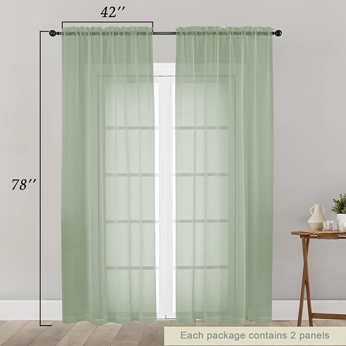 Sage Green Sheer Curtain for Bedroom Living Room 78 Inches Long 2 Panels Set - Image 2