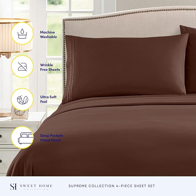 Split King Sheets - Breathable Luxury Sheets with Full Elastic & Secure Corner Straps Built In - 1800 Supreme Collection Extra Soft Deep Pocket Bedding Set, Sheet Set, Split King Size, Brown