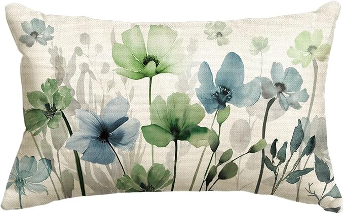 AVOIN colorlife Poppy Flowers Chinoiserie Throw Pillow Cover 12x20 Inch | Blue by AVOINcolorlife
