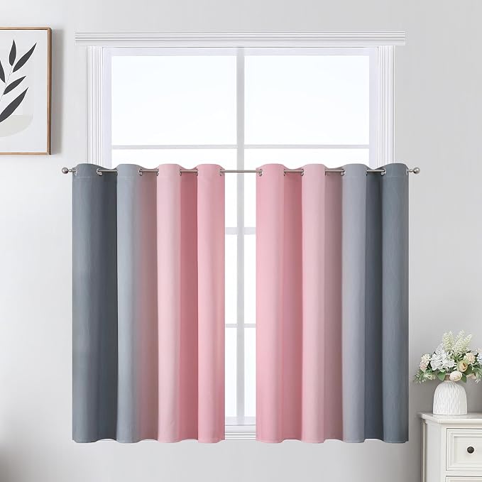 Ombre Grey and Pink Blackout Curtains 36 Inch Long | Thermal Insulated Grommet - Image 2
