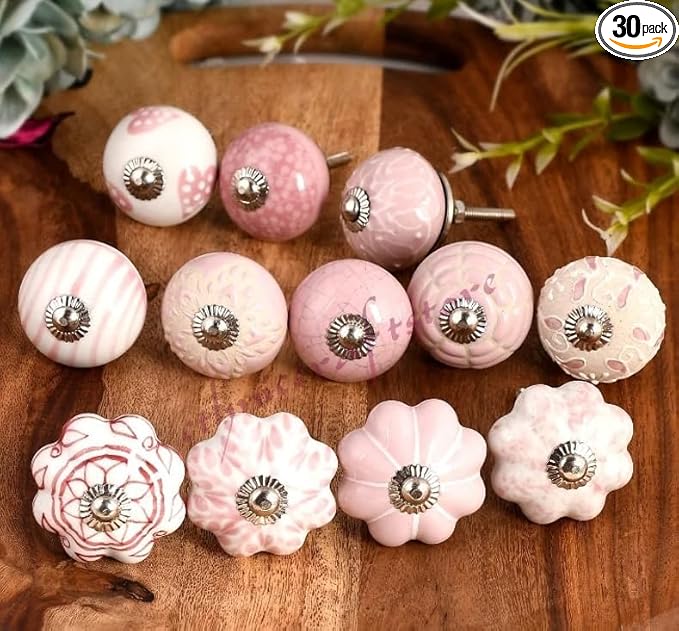 Dresser Knobs for Cabinets and Drawers - Assorted Multicolor Ceramic Pull Handle for Kitchen Cupboard Wardrobe Decorative Furniture Hardware - Pack of 30