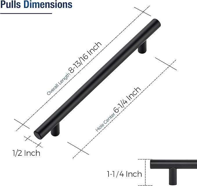 JOY DECOR 15 Pack Cabinet Handles, Black Cabinet Pulls, 6-1/4 in Hole Center Kitchen Hardware, Stainless Steel T Bar Handles for Dresser Drawers