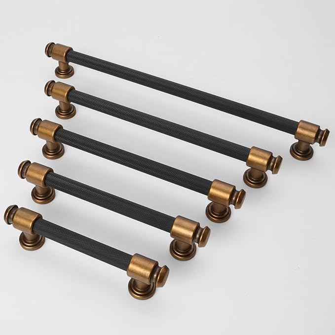 6 Pack 12-3/5 inch(320mm) Black and Antique Brass Kitchen Cabinet Handles Knurled Cabinet Pulls Black Drawer Pulls Kitchen Cabinet Hardware